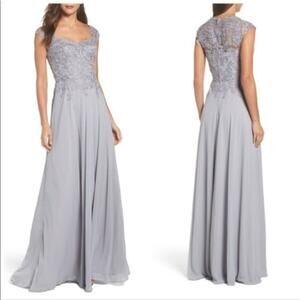 La Femme Silver Crepe Chiffon Embellished Bodice Gown 8 Style 23286